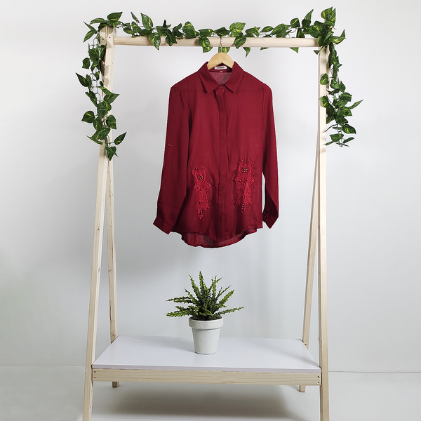 Fashinza - Maroon Embroidery Roll Tab Sleeve Shirt