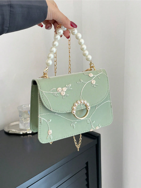 Shein - Mini Square Bag Flower Embroidery Faux Pearl Decor Fashionable