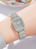 Shein - 7Pcs/Set Women'S Stainless Steel Band Rhinestone-Accented Watch With Rectangular Face, Casual Fashion Style, Including Diamond-Accented Alloy Bracelet, Necklace, Earrings, Rings & Watch Accessory Set