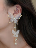 Shein - 2Pcs Elegant Lace, Rhinestone, Faux Pearl & Butterfly Dangle Earrings With Long Tassels For Women'S Daily Wear, European And American Style