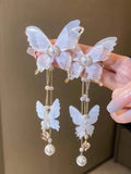 Shein - 2Pcs Elegant Lace, Rhinestone, Faux Pearl & Butterfly Dangle Earrings With Long Tassels For Women'S Daily Wear, European And American Style