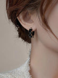 Shein - 1Pair Women'S Simple & Fashionable Black Zircon Decor Ear Hoop, Unique Design Daily Earrings, Birthday Gift