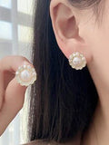 Shein - 1 Pair Of Round Sparkling Rhinestone Pearl Braided Korean Style Elegant And Exquisite Women's Earrings On Leather Cord