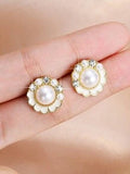 Shein - 1 Pair Of Round Sparkling Rhinestone Pearl Braided Korean Style Elegant And Exquisite Women's Earrings On Leather Cord