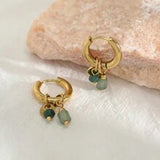 Shein - 1 Pair Of Delicate Retro Women Retro Green Natural Stone Charm Fashion Waterproof Jewelry Hoop Earrings