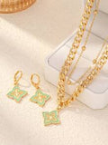 Shein - Women's 3pcs/Set Drip Oil Four Leaf Clover Earrings, Multi-Layer Pearls And Chain Elegant Set Blu Green