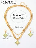 Shein - Women's 3pcs/Set Drip Oil Four Leaf Clover Earrings, Multi-Layer Pearls And Chain Elegant Set Blu Green