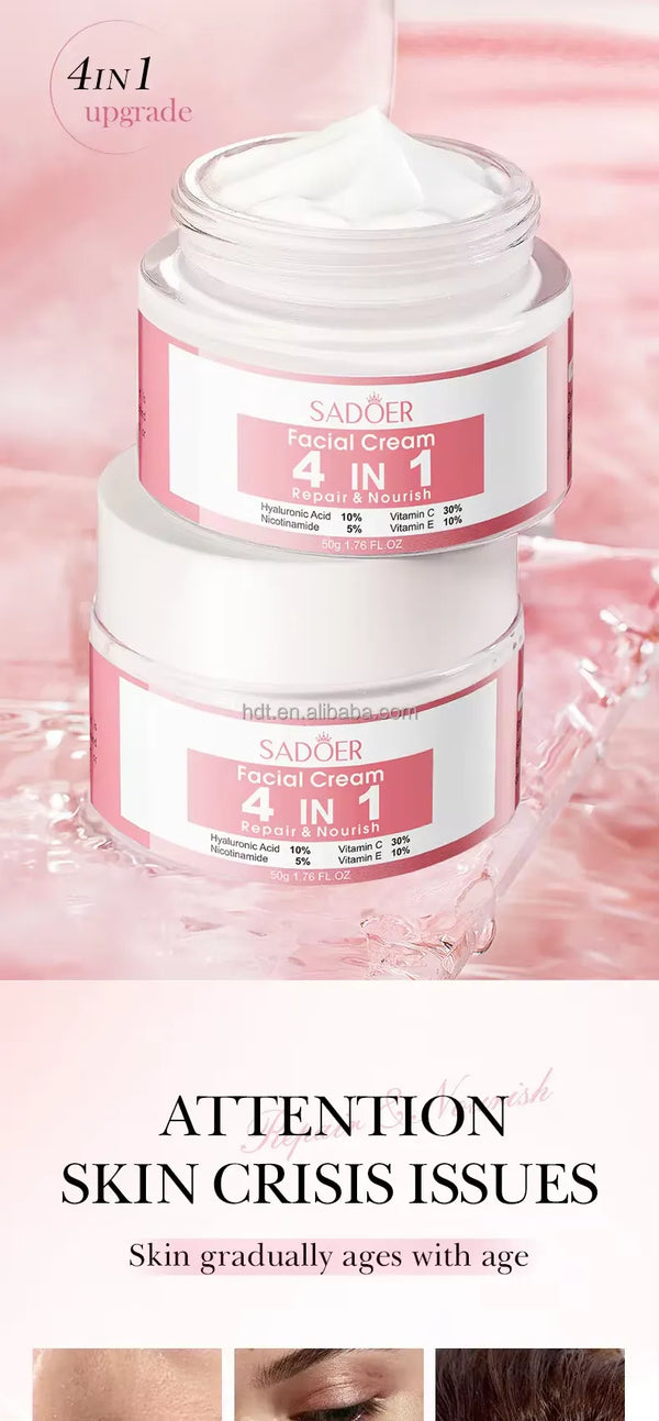 SADOER 4 In 1 Facial Cream Repair Nourishing Whitening Moisturizing Skin Care Anti Wrinkle Anti Aging Hyaluronic Acid, Nicotinamide, Vitamin C, E Face Cream SD02495