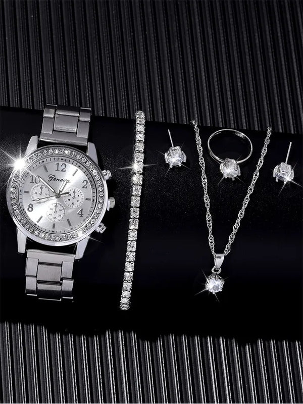 The Original Watches- -6 PCs Gift Set Diamond Rhinestone WOMEN'S Quartz Steel WristWatch Box