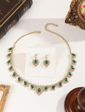 Shein - 3pcs Set Green Glass Water Drop Peacock Crystal Women Earrings & Necklace Wedding Jewelry