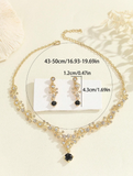 Shein - 1 Pair Cubic Zirconia Alloy Full Diamond Earrings And 1 Pc Necklace