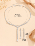 Shein - 3pcs Set Copper Cubic Zirconia Stone Bridal Necklace & Earrings