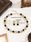 Shein - 3pcs/Set Vintage Round Wave Patterned Navy Blue Crystal Jewelry Set