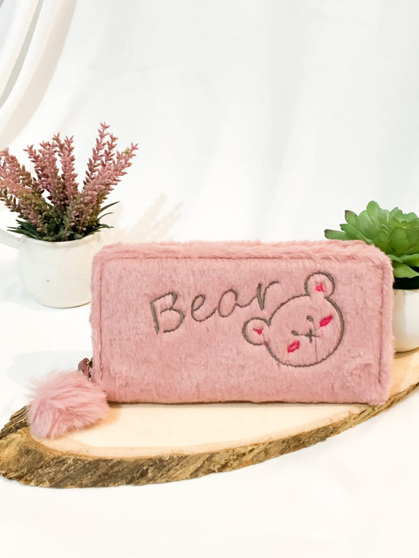 The original Girl Shein Pom Pom  Embroidery Fluffly Long Wallet Clutch Pink Bear