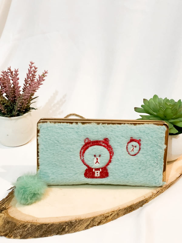 The original Girl Shein Pom Pom Embroidery Fluffly Long Wallet Clutch Green