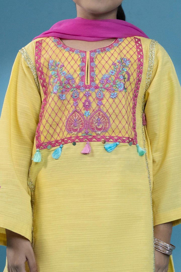 Kids Yellow 3 Piece - Embroidered Zari Khaddar Suit