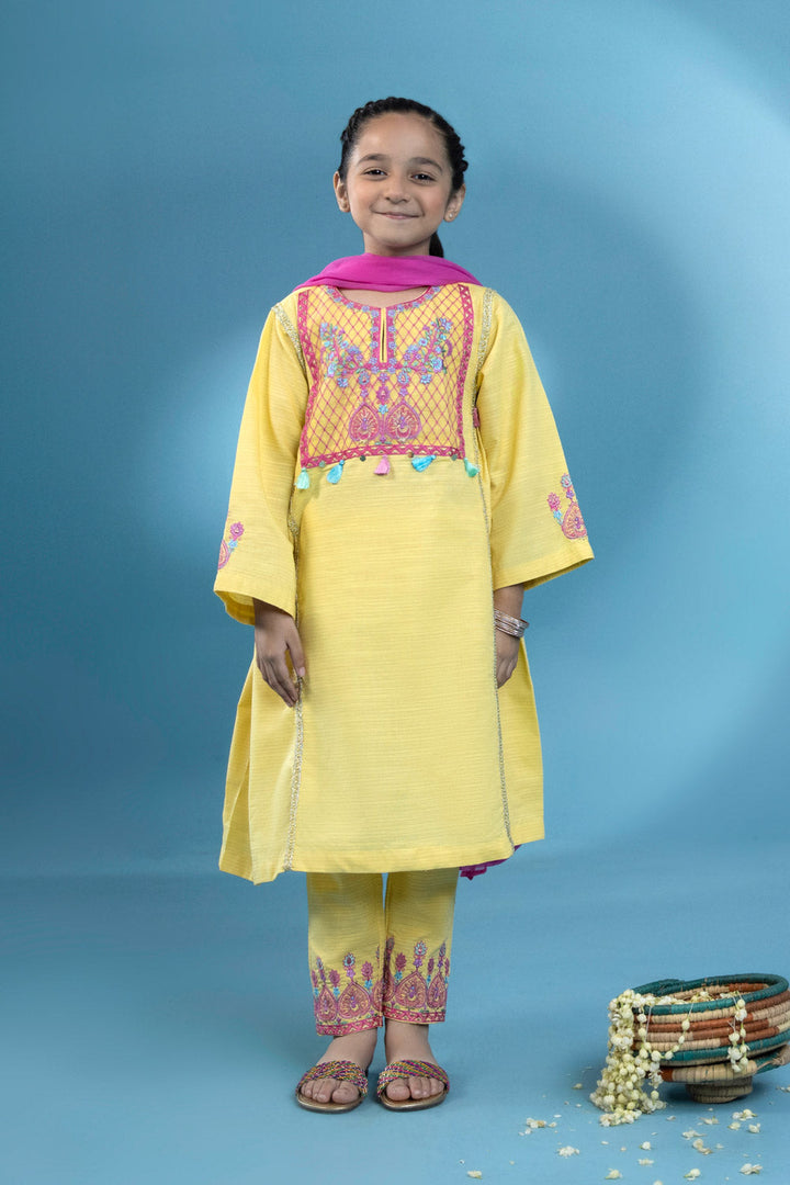 Kids Yellow 3 Piece - Embroidered Zari Khaddar Suit