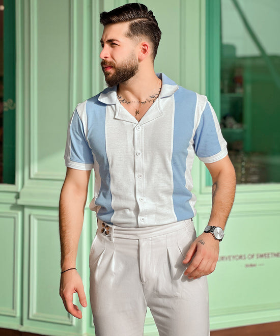 Weave Wardrobe - "Coastal Breeze' Men's Blue & White Cuban Collar Polo"