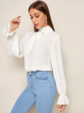 Shein- Flounce Sleeve Lace Insert Frilled Tie Neck Top
