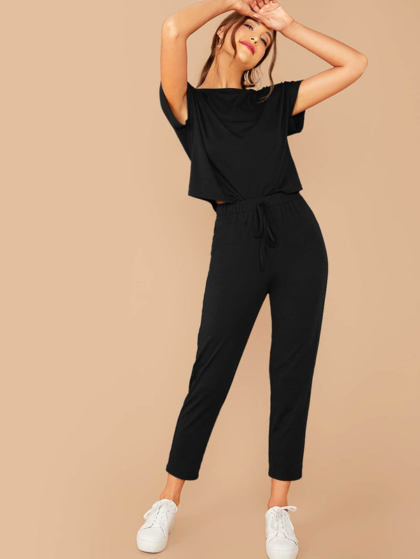 Shein- Solid Top & Tie Front Pants Set