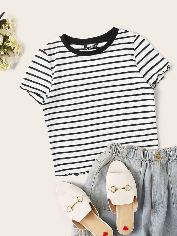 Shein- Lettuce Edge Striped Rib-knit Tee