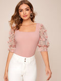 Shein- Square Neck Appliques Mesh Sleeve Top