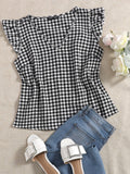Shein- Gingham Butterfly Sleeve Top