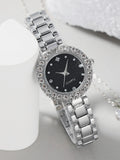 Shein - 1pc Rhinestone Decor Round Pointer Quartz Watch & 5pcs Jewelry Set Without Box