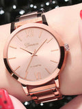 Shein - 1pc Round Pointer Quartz Watch & 5pcs Bracelet