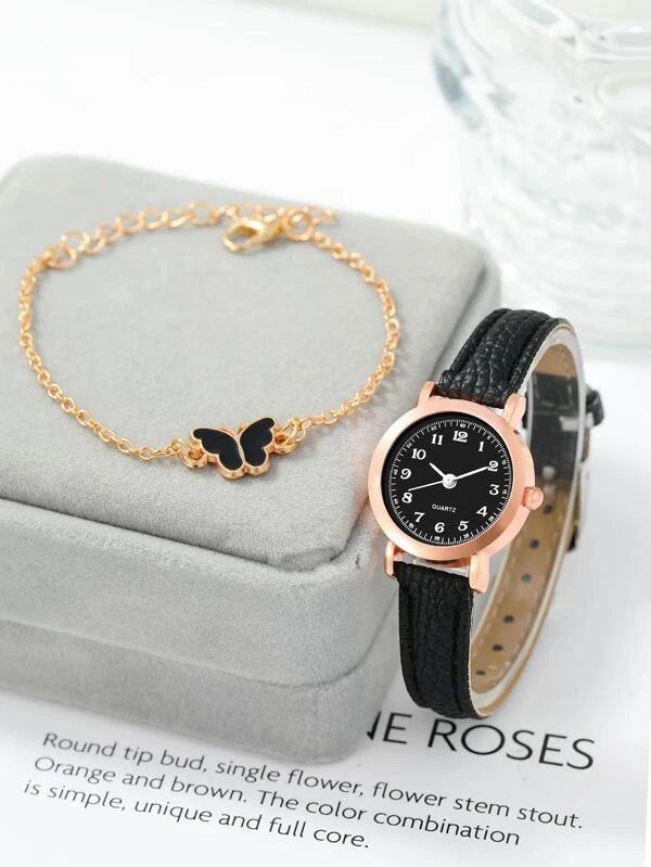 Shein - embellishment bracelet and beaded lychee round watch
