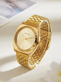 Shein - 1pc Gold-colored Fashionable Simple Stainless Steel Watch Band With Bar Scale Dial Quartz Watch, Suitable For Holiday Gift