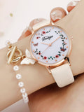 Shein - 1pc Women Beige PU Polyurethane Strap Fashionable Flower & Butterfly Pattern Round Dial Quartz Watch & 1pc Chain Bracelet, For Daily Life