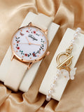 Shein - 1pc Women Beige PU Polyurethane Strap Fashionable Flower & Butterfly Pattern Round Dial Quartz Watch & 1pc Chain Bracelet, For Daily Life