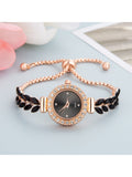 Shein - New Fashion Casual Women's Bracelet Watch With Cute Round Dial & Rhinestone Crystal, Leaf & Feather Strap, Alloy Quartz Wristwatch Gift