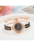 Shein - New Fashion Casual Women's Bracelet Watch With Cute Round Dial & Rhinestone Crystal, Leaf & Feather Strap, Alloy Quartz Wristwatch Gift