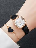 Shein - 1pc Black PU Polyurethane Strap Fashionable Letter Detail Square Dial Quartz Watch & 1pc Heart Decor Bracelet, For Daily Decoration