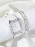 Shein - Disu Women's Stylish White Watch Band And Dazzling Rhinestone Quartz Wrist Watch With Small Square Dial, Plus A Double Row Diamante Bracelet