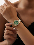 Shein - 1pc Women's Green Dial & Full Rhinestone Decor Stainless Steel Strap Quartz Watch, And 5pcs Green Square Gemstone & Full Rhinestone Decor Jewelry Set