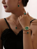 Shein - 1pc Women's Green Dial & Full Rhinestone Decor Stainless Steel Strap Quartz Watch, And 5pcs Green Square Gemstone & Full Rhinestone Decor Jewelry Set