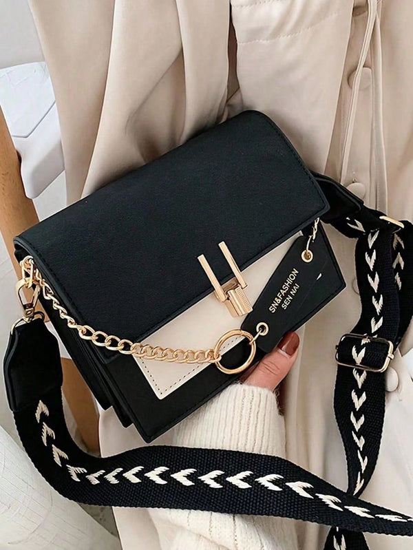 Shein - Trendy Flap Square Bag, Women's Fashion Pu Purse, Stylish Chain Decor Crossbody Bag