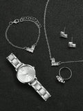 Shein - Women's Stainless Steel Strap Fashionable Minimalist Small Dial Quartz Watch + Heart Shaped Jewelry Set (6pcs/set)