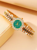 Shein - 1pc Women's Green Dial & Full Rhinestone Decor Stainless Steel Strap Quartz Watch, And 5pcs Green Square Gemstone & Full Rhinestone Decor Jewelry Set