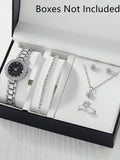 Shein - 1pc Rhinestone Decor Round Pointer Quartz Watch & 5pcs Jewelry Set Without Box