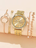 Shein - 1pc Rhinestone Decor Quartz Watch & 4pcs Bracelet