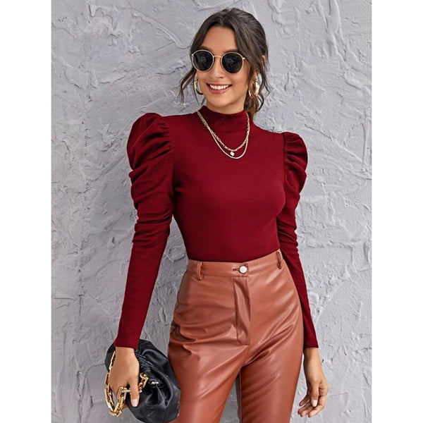 Shein- Mock-neck Gigot Sleeve Top- Burgundy