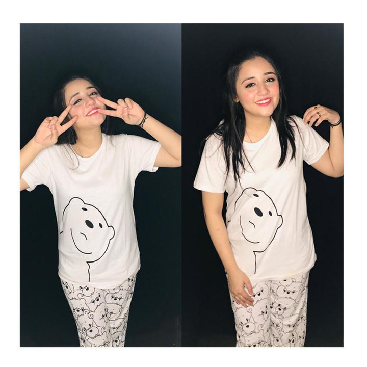 Wf Store- Bear Printed Night Dress For Her- White