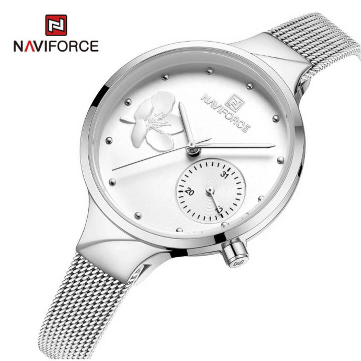 NAVIFORCE- Ladies Rhinestone Stainless Steel Chronograph Wrist Watch With Brand Box - NF5001 Silver