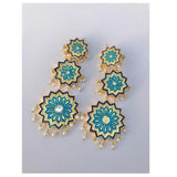 Jewels By Noor- Aqua Triple Flower Meenakari Earrings