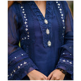 Kairos- Opal Blue Khaadi Net with Raw Silk Trouser and Slit.
