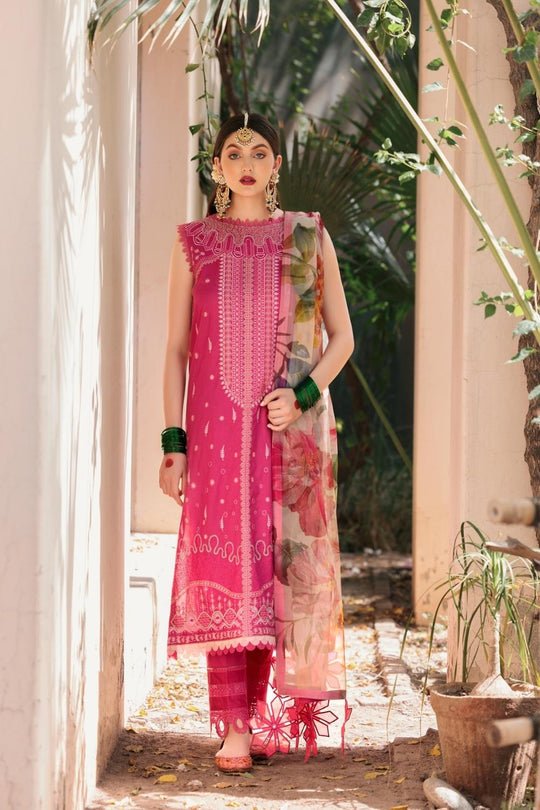 Ittehad- 3PC Unstitched Embroidered Lawn Shirt | Printed Organza Dupatta | Cambric Dyed Trouser